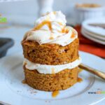 Bake this Mini Frosted Pumpkin Cakes recipe idea. Tasty moist pumpkin spiced, small cakes decorated with caramel buttercream, for dessert.