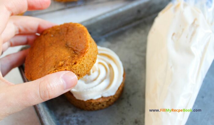 Bake this Mini Frosted Pumpkin Cakes recipe idea. Tasty moist pumpkin spiced, small cakes decorated with caramel buttercream, for dessert.