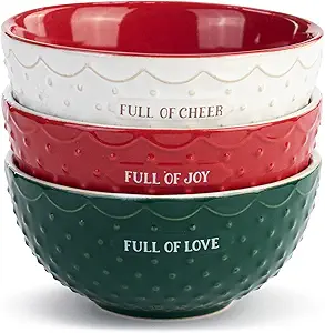 DEMDACO Full Of Cheer Red, Green, and White 7 Ounce Ceramic Christmas Baking Bowls Set of 3