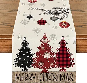 Artoid Mode Red Pine Trees Merry Christmas Table Runner, Winter Xmas Holiday Kitchen Dining Table Decoration for Home Party Decor 13x72 Inch