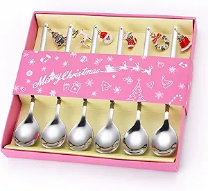 Dessert Spoons Silverware Christmas Silver Small Stainless Steel Flatware 6 Pieces Xmas Decorative Pendants Stirring Utensils for Coffee Tea Drinking Festival Everyday Use.