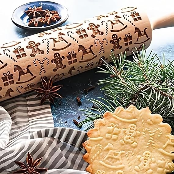 Christmas Wooden Rolling Pin for Baking Engraved Embossing Rolling Pin Cookie Stamps Roller Square Grid Cookies Mold Kitchen Decor Tools for Baking Embossed Cookies (Gingerbread Man)