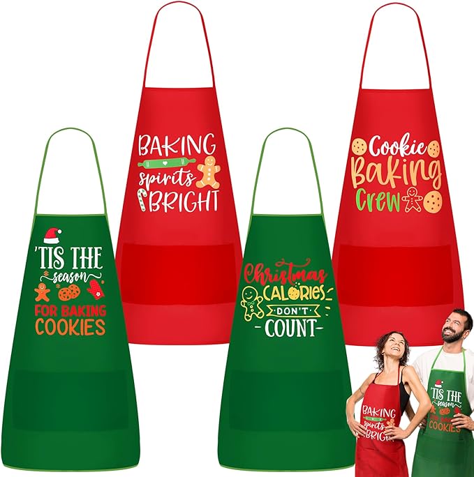 4 Pcs Christmas Apron for Women Men Adjustable Kitchen Chef Apron Cookie Gingerbread Man Santa Hat Christmas Baking Apron for Xmas Kitchen Cooking Baking Crafts Party Supplies