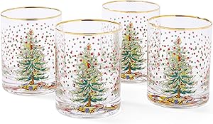 Spode Christmas Tree 14 Fl. Oz. Double Old Fashion Glass (Set of 4), Polka Dot - Whiskey Glasses & Bourbon Glasses for Festive Entertaining, Old-Fashioned Glasses & Rocks Glasses for Holiday Drinks