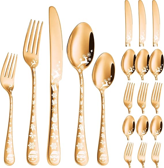 Vilihkc Christmas Style Silverware Set,20 Piece Stainless Steel Flatware Set, Kitchen Utensil Set Service for 4,Tableware Cutlery Set for Home and Restaurant,Dishwasher Safe