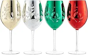 Multicolor Holiday 4-Piece Christmas Tree Wine, Champagne & Water Glasses - Shining Red Green Yellow Silver, Perfect Holiday Parties, Thanksgiving, Glass Trees Decor, Holidays Home Decorations