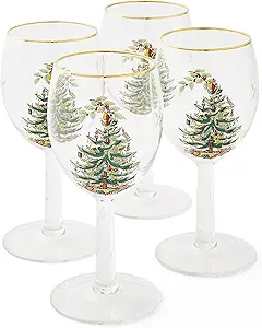 Spode Christmas Tree 13oz Wine Glasses, Set of 4 - Festive Holiday Drinkware with Gold-Rimmed Seasonal Designs, Ideal for Red or White Wine at Christmas Dinners and Family Gatherings