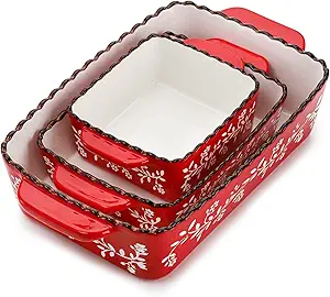 AVLA 3 Pack Ceramic Bakeware Set, Porcelain Rectangular Baking Dish Lasagna Pans for Cooking, Kitchen, Casserole Dishes, Cake Dinner, 12 x 8.5 x 6 Inches of Baking Pans, Banquet and Daily Use, Red.