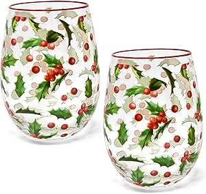 Gift Boutique Christmas Stemless Wine Glass Set of 2 Festive Holly Leaves with Red Berries Xmas Drinking Cups for Drinkware Party Table Supply Decorations & Wineglass Gift 15 Ounces Winter Glassware