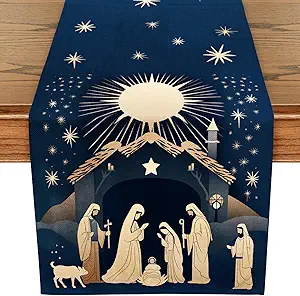 WRAPAHOLIC Christmas Table Runner - 13 x 72 Inch - Seasonal Winter Xmas Holiday Farmhouse Style Kitchen Dining Table Decoration for Indoor Outdoor Home Party - Nativity.