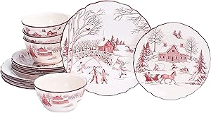 Bico Toile de Jouy Winter Wonderland Ceramics 12pcs Dinnerware Set, Service for 4, Inclusive of 11 inch Dinner Plates, 8.75 inch Salad Plates and 25oz Bowls, for Party, Microwave & Dishwasher Safe.