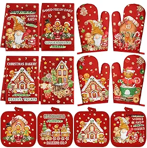 12 Pcs Christmas Kitchen Towels Pot Holders and Oven Mitts Set 4 Gingerbread Man Dish Towels 4 Gingerbread House Oven Mitts 4 Candy Pot Holders for Xmas Home Cooking Dish Baking Decorative.