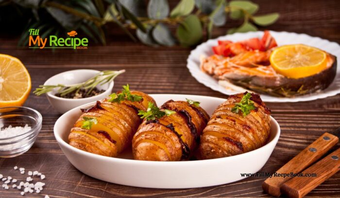 An easy oven Baked Hasselback Potato with Bacon and butter recipe. Delicious potato side dish with herbs for lunch or dinner meals.