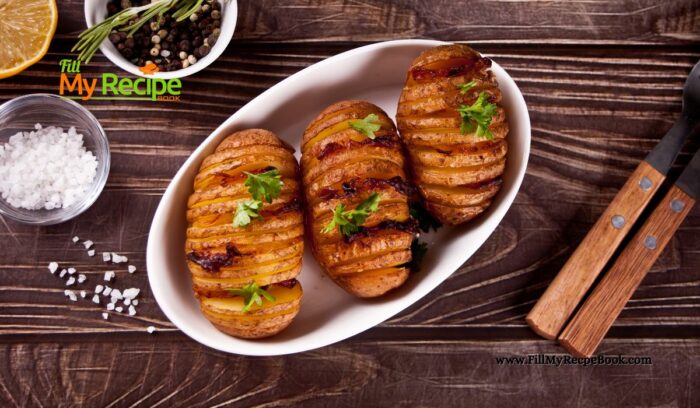 An easy oven Baked Hasselback Potato with Bacon and butter recipe. Delicious potato side dish with herbs for lunch or dinner meals.