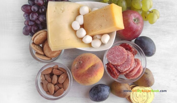 the ingredients needed, Best Charcuterie Board with Cornucopia recipe idea for Thanksgiving. Bake the easy puff pastry horn and add some fruits, various cheeses.