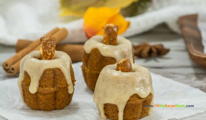 These Mini Pumpkin Bundt Cakes recipe are spicy and made from scratch. An easy bake,  with vanilla butter icing, makes a moist dessert.