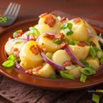 Potato Salad Bacon Bits and Vinaigrette recipe idea. Easy, no egg, mayonnaise with a flavorful mustard, maple syrup, olive oil dressing.