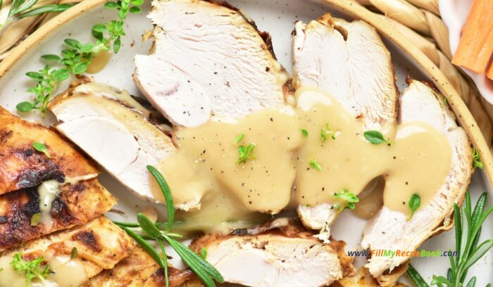 Grab this easy moist tender Roasted Turkey Breast Recipe with a marinade idea for Thanksgiving or any meal, for lunch or dinner with sides.