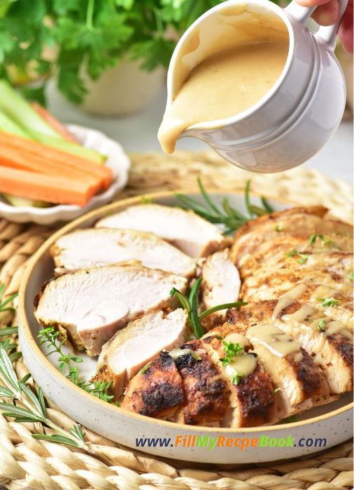 Grab this easy moist tender Roasted Turkey Breast Recipe with a marinade idea for Thanksgiving or any meal, for lunch or dinner with sides.