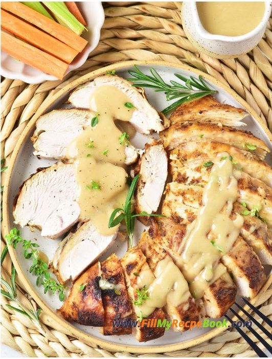 Grab this easy moist tender Roasted Turkey Breast Recipe with a marinade idea for Thanksgiving or any meal, for lunch or dinner with sides.