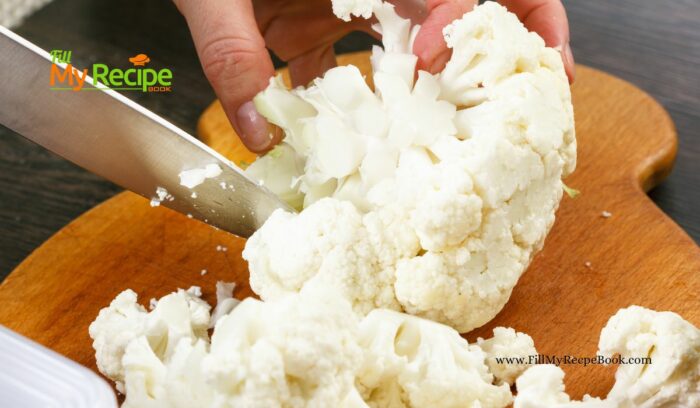 cutting the cauliflower head florets off, Learn how to cook this Simple Cauliflower Rice Recipe. Its impossible to not get it right, as a healthy vegetable side dish with main meals.