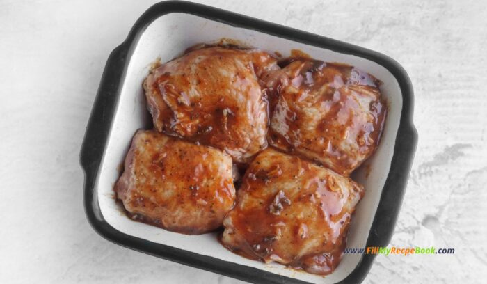 all sauced up for the oven, A Simple Honey Mustard Chicken recipe for a lunch or dinner. A quick savory Chicken breast or thighs dish oven baked for a meal.