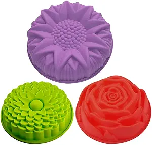 SENHAI 3 Pack Flower Shape Silicone Cake Bread Pie Flan Tart Molds, Large Round Sunflower Chrysanthemum Rose Shape Non-Stick Baking Trays for Birthday Party DIY - Yellow,Red,Purple