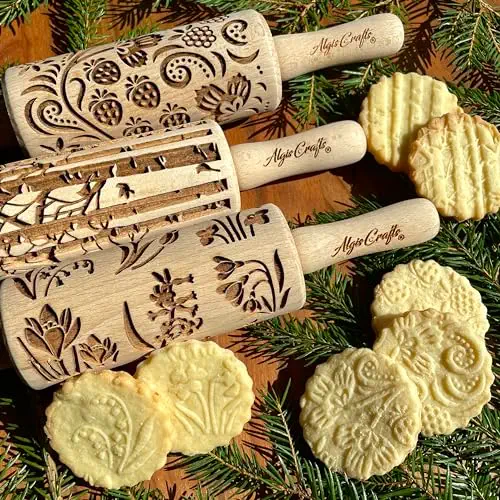 SEASONS 3 Mini Embossed Rolling Pin Set. Wooden Laser Cut Mini Rolling Pins for cookies or clay with spring flowers, tulips, daffodils, strawberries, raspberries, birch, trees by Algis Crafts.