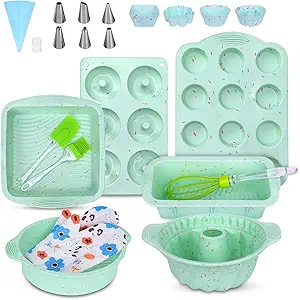 Baking Pans Set, 23 PCS Silicone Bakeware Sets, Silicone Molds for Baking, Including Bread Pan, Donut Pan, Silicone Muffin Pan, Cake Pan and Silicone Cupcake Molds (Green)