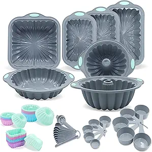 To encounter 65 Pieces Silicone Baking Pans Set, Metal Framed Silicone Tube Cake Pans, Nonstick Fluted Loaf Pans for Muffin, Cake, Bread, with Measuring Cups and Spoons Set, Light Grey