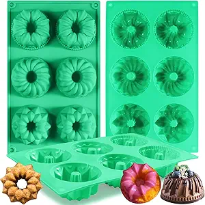 3Pcs Silicone Bundt Cake Pan, Non-stick Mix Mini Baking Mold for Cupcake Cornbread Brownie Jello, 6-Cavity Fluted Tube Cake Pan (Mix)