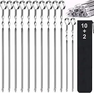 Skewers - 17" Kabob Skewers for Grilling, Metal Skewers for Kabobs Stainless Steel Flat Long Shish Kebab Skewers, Reusable Grill BBQ Barbecue Sticks for Meat Chicken Vegetable, 12 Pack Bonus 14 Inch