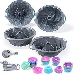 69 Pieces Silicone Fluted Cake Pans, 6 Cups Tube Baking Pan, Silicone Molds for Homemade Cake and Bread, Baking Cups, Non-Stick Kitchen Oven Baking Pans, Grey