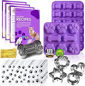 123 Pcs Homemade Dog Treat Molds Silicone,Dog Treat Cookie Cutters,Including 2 Doggy Treat Mold,5+12 Cookie Cutters and, 4 Dog Treat Recipes Card, 50 Dog Treat Bags & 50 Gold Twist Tie