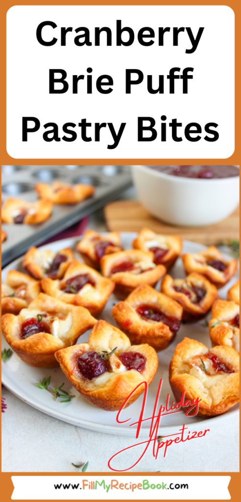 The most delicious mini Cranberry Brie Puff Pastry Bites appetizer recipe idea. Simple to make ahead for a sweet and savory holiday snack.