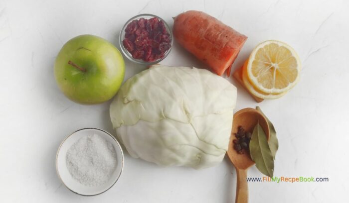 Ingredients for sauerkraut, Easy Homemade Healthy Sauerkraut Recipe. Best idea for fermenting vegetables provides health benefits through probiotics that boost digestion.