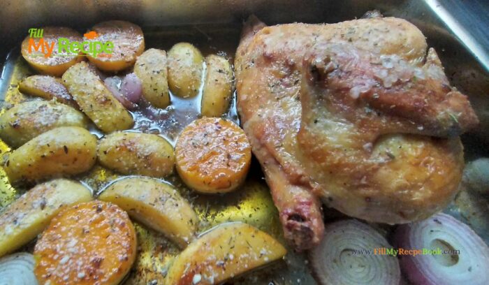 An oven Roasted Parmesan Potato Butternut and Chicken recipe for a meal. Delicious all in one pan, half a chicken and vegetables for lunch.