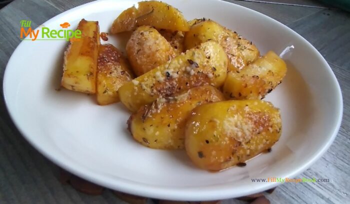 An oven Roasted Parmesan Potato Butternut and Chicken recipe for a meal. Delicious all in one pan, half a chicken and vegetables for lunch.