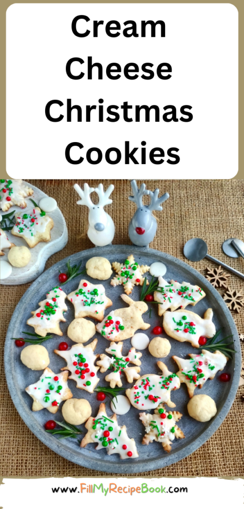 cream cheese Christmas cookies decorated with colorful colors and cut into Christmas shapes of trees and rabbits.