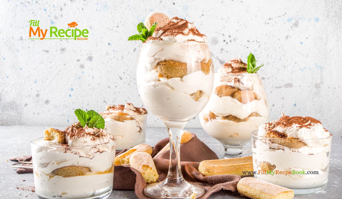 Delicious Tiramisu Trifle in a Glass for individual servings as a dessert. A mini trifle made with finger biscuits, mascarpone cream, and espresso.