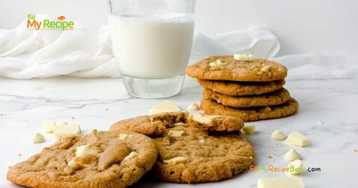 Almond Butter Cookies and White Chocolate recipe idea. Healthy cookies or biscuit to bake with white chocolate for a snack for family.