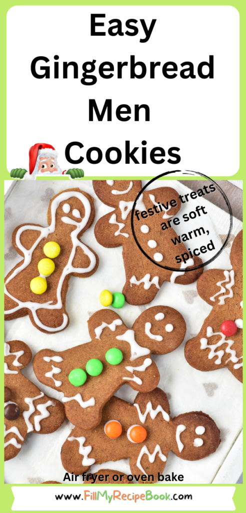 Festive and Easy Gingerbread Men Cookie Recipe Idea for a Delightful Snack. These cookies feature a soft center, crispy edges, and a spicy flavor, all beautifully decorated with a white glaze and mini M&M's.