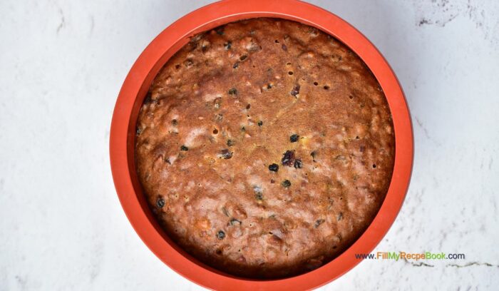 all baked, Festive Cranberry Christmas Fruit cake recipe with pecan nuts a glaze of orange juice. Moist and alcohol free, simple bake for the holidays.