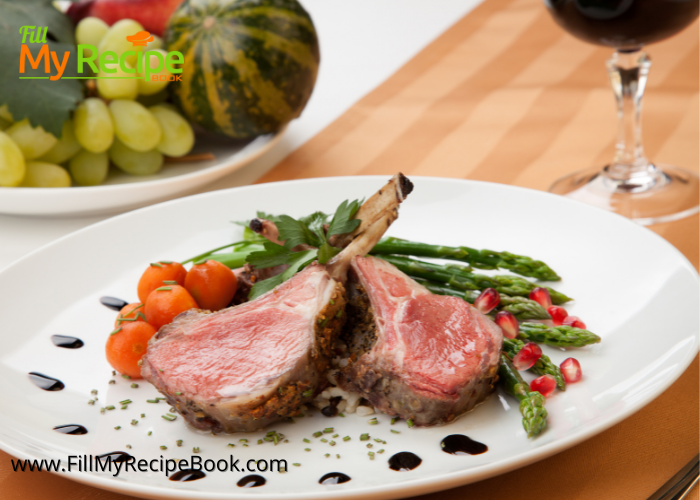 Herb Crusted Rack of Lamb for fine dining recipe idea. Green herb and parmesan crusted lamb chop served meal with asparagus, sides and sauce.