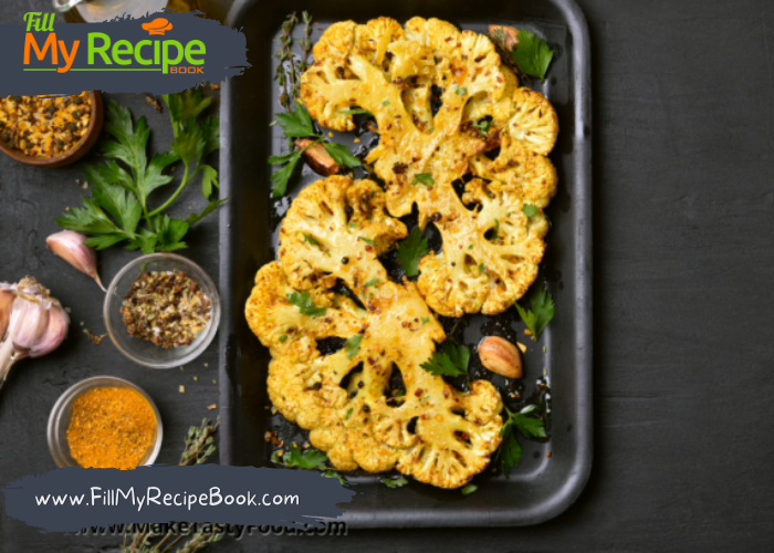 Roasted Turmeric Cauliflower Steaks with Cheese on top recipe. Easy vegetable side dish flavored with turmeric and parmesan oven baked.