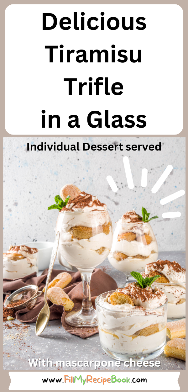 Delicious Tiramisu Trifle in a Glass for individual servings as a dessert. A mini trifle made with finger biscuits, mascarpone cream, and espresso.