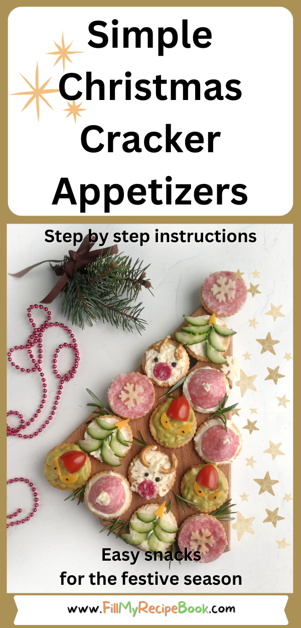 Simple Christmas Cracker Appetizers recipe ideas for snacks and treats. Crackers garnished with cream cheese, salami, cucumber, cherry tomato.