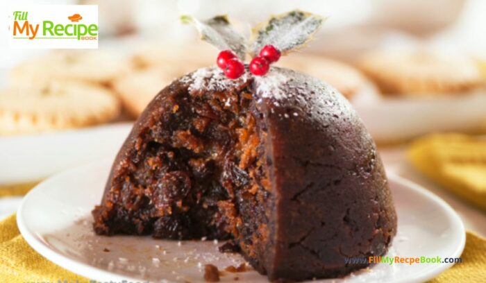 Traditional Christmas Pudding Recipe to create. A delicious steamed fruit dessert with brand, treacle and spices in a bowl, serve with sauce.