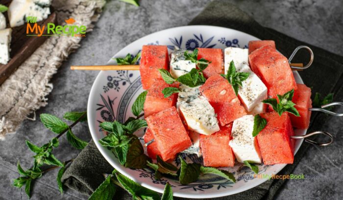 Watermelon Feta Cheese Skewers Snack. A Recipe Idea that is a quick and easy appetizer, perfect for a refreshing, healthy treat or snack at parties.