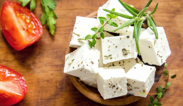 goat feta cheese cut into bitable squares for one bite fresh fruit and cheese skewers as a snack or appetizer in the summer and for parties.